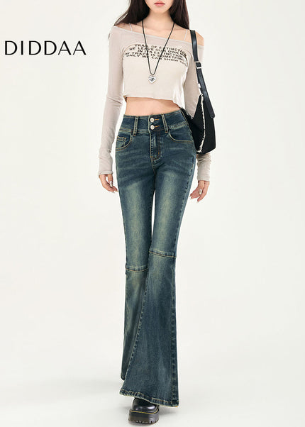 Blue High-Waisted Double-Button Bootcut Jeans - Women’s Jeans