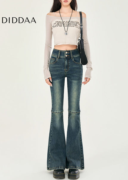 Blue High-Waisted Double-Button Bootcut Jeans - Women’s Jeans