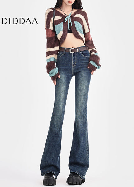 Blue High-Waisted Embroidered Retro Micro Flared Jeans - Women’s Jeans