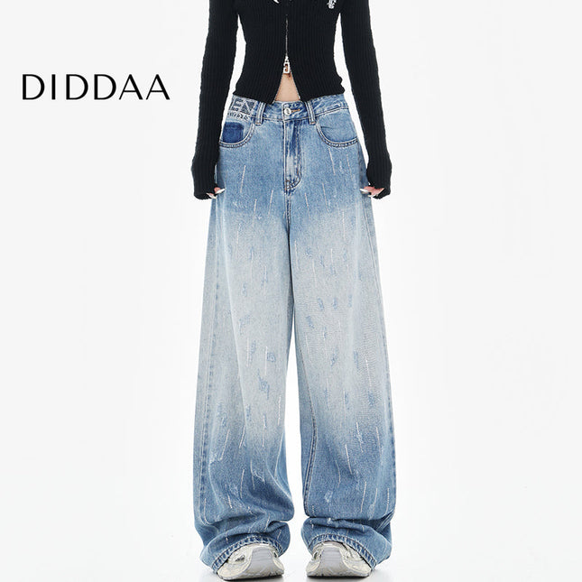 Blue High-Waisted Slim Diamond Design Loose Wide-Leg Jeans - S / Mid Blue - Women’s Jeans