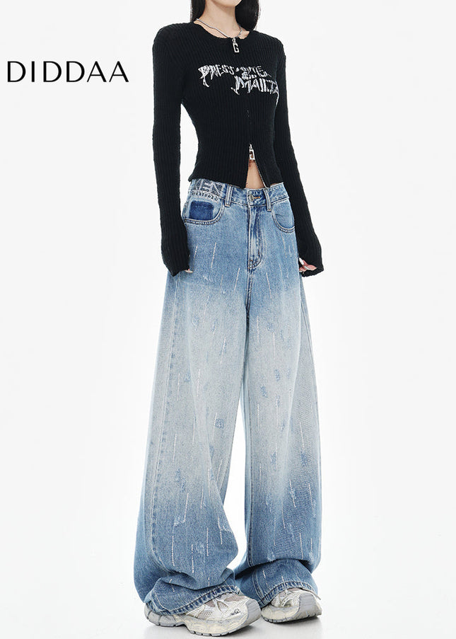 Blue High-Waisted Slim Diamond Design Loose Wide-Leg Jeans - Women’s Jeans