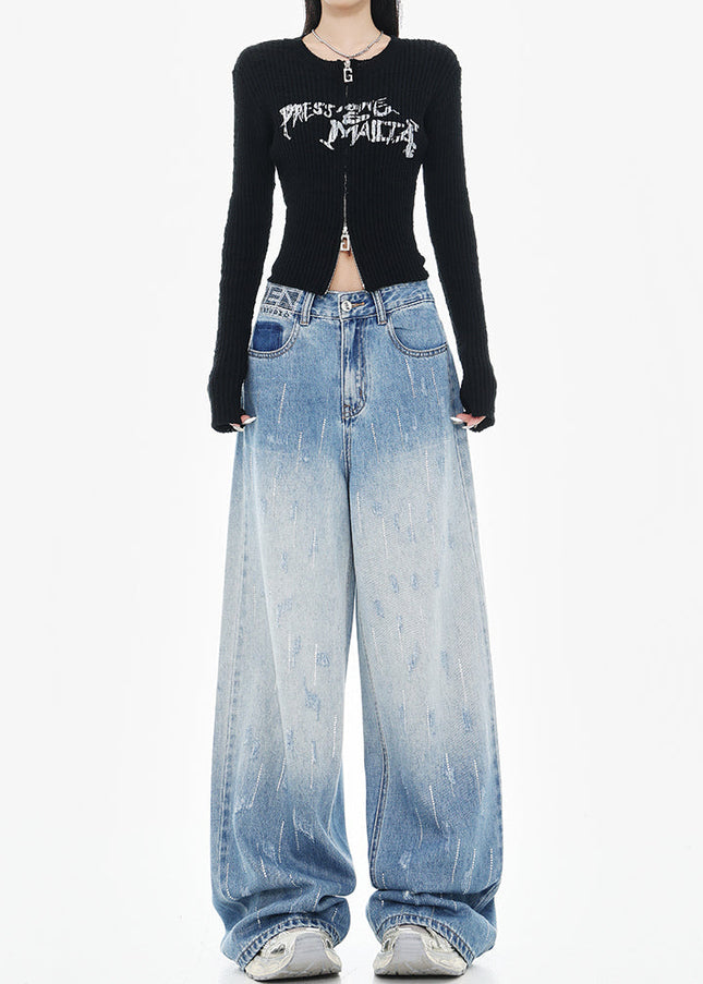 Blue High-Waisted Slim Diamond Design Loose Wide-Leg Jeans - Women’s Jeans