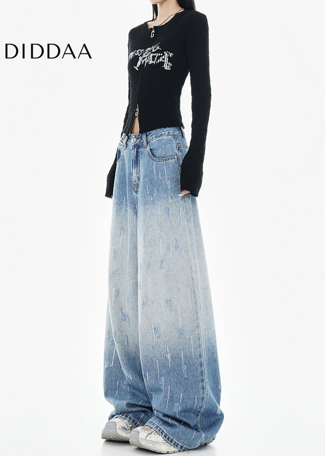 Blue High-Waisted Slim Diamond Design Loose Wide-Leg Jeans - Women’s Jeans