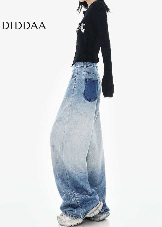 Blue High-Waisted Slim Diamond Design Loose Wide-Leg Jeans - Women’s Jeans