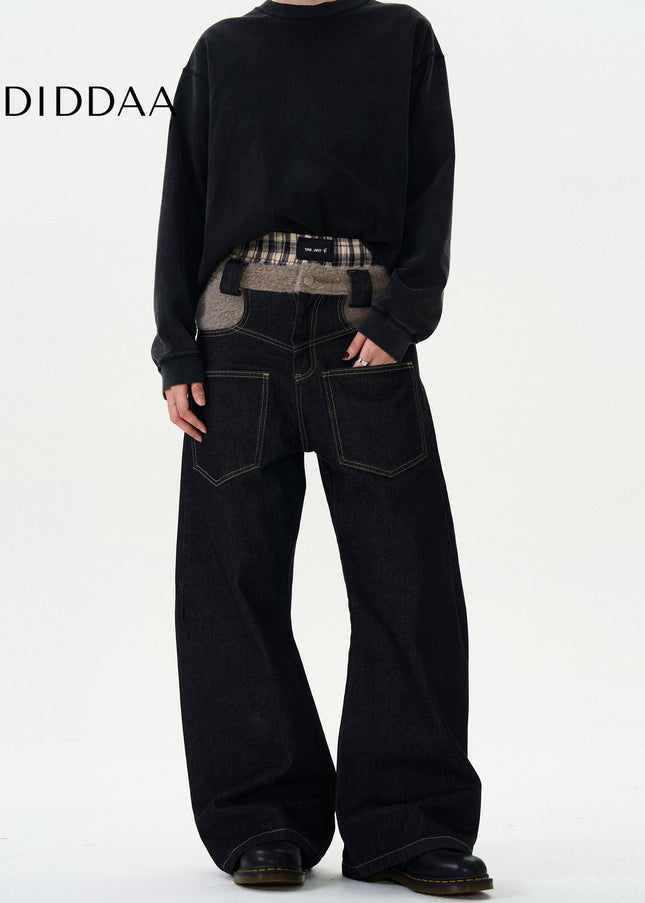 Blue Loose Curved Scimitar Pants with Patchwork Design - Men’s Jeans