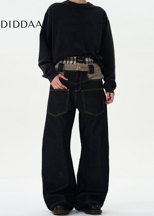 Blue Loose Curved Scimitar Pants with Patchwork Design - Men’s Jeans