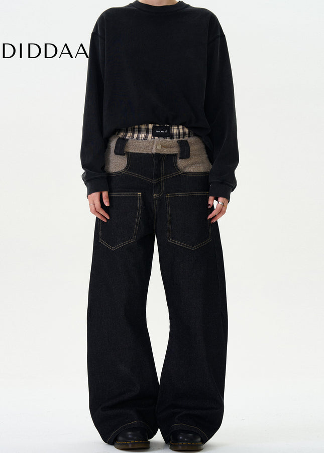 Blue Loose Curved Scimitar Pants with Patchwork Design - Men’s Jeans