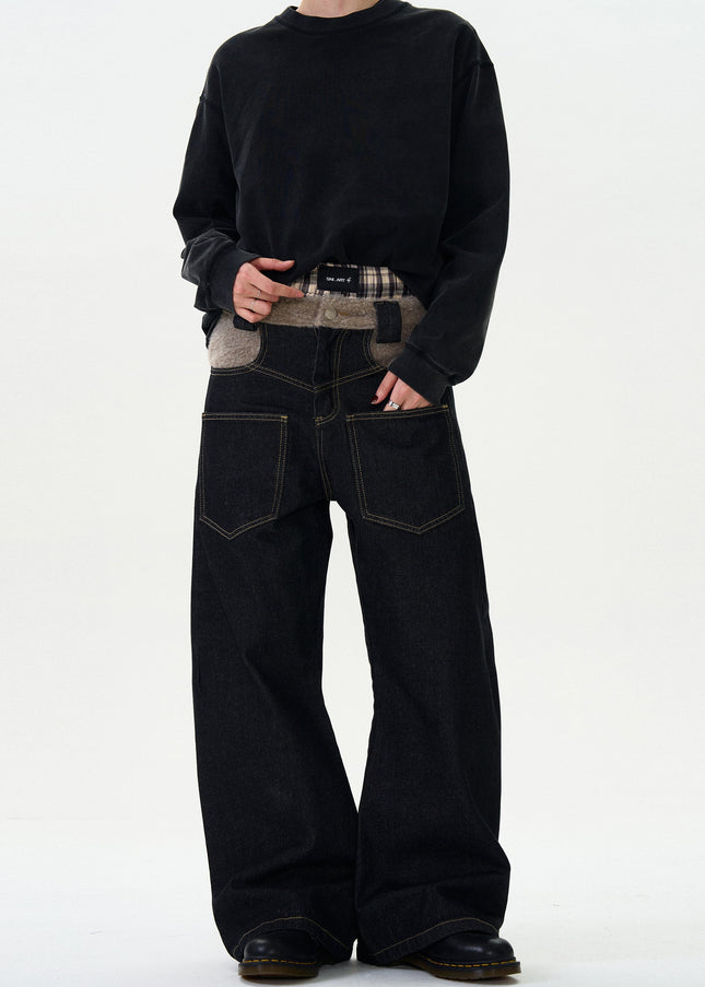 Blue Loose Curved Scimitar Pants with Patchwork Design - Men’s Jeans