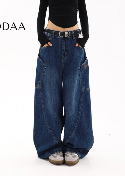 Blue Loose Fit Large Pocket Straight Leg Jeans - S / Dark Blue - Women’s Jeans