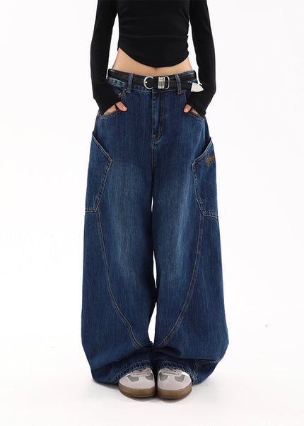 Blue Loose Fit Large Pocket Straight Leg Jeans - Women’s Jeans
