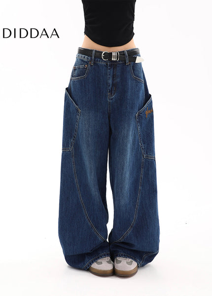 Blue Loose Fit Large Pocket Straight Leg Jeans - Women’s Jeans