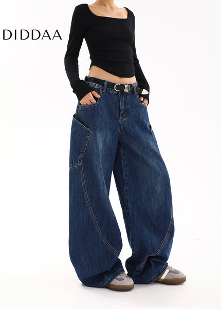 Blue Loose Fit Large Pocket Straight Leg Jeans - Women’s Jeans