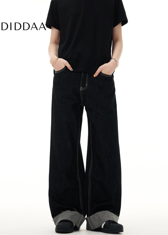 Blue Loose Fit Retro Niche Straight Leg Cuff Jeans - Men’s Jeans