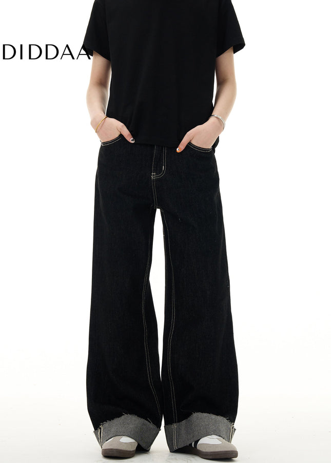 Blue Loose Fit Retro Niche Straight Leg Cuff Jeans - Men’s Jeans