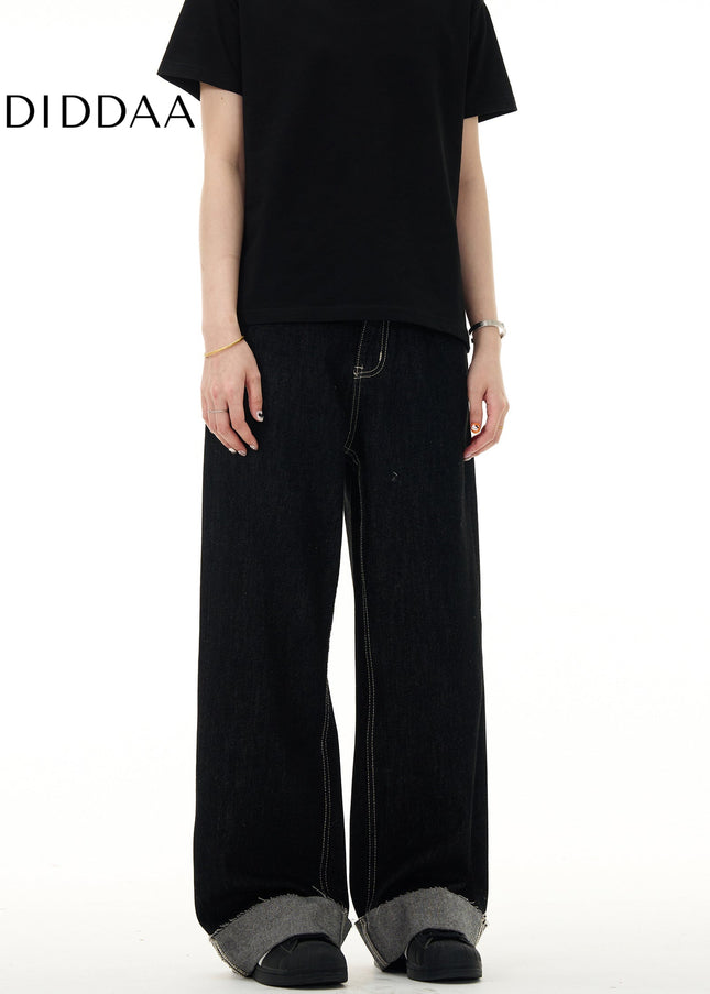 Blue Loose Fit Retro Niche Straight Leg Cuff Jeans - Men’s Jeans