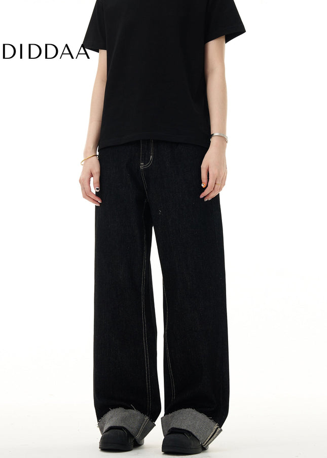 Blue Loose Fit Retro Niche Straight Leg Cuff Jeans - Men’s Jeans