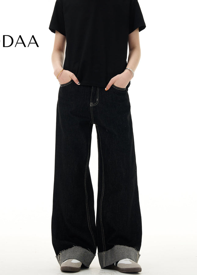 Blue Loose Fit Retro Niche Straight Leg Cuff Jeans - S / Black - Men’s Jeans