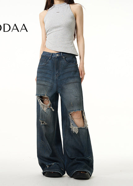 Blue Loose Fit Ripped Jeans for Couples by Tail Lang - S / Dark Blue - Women’s Jeans