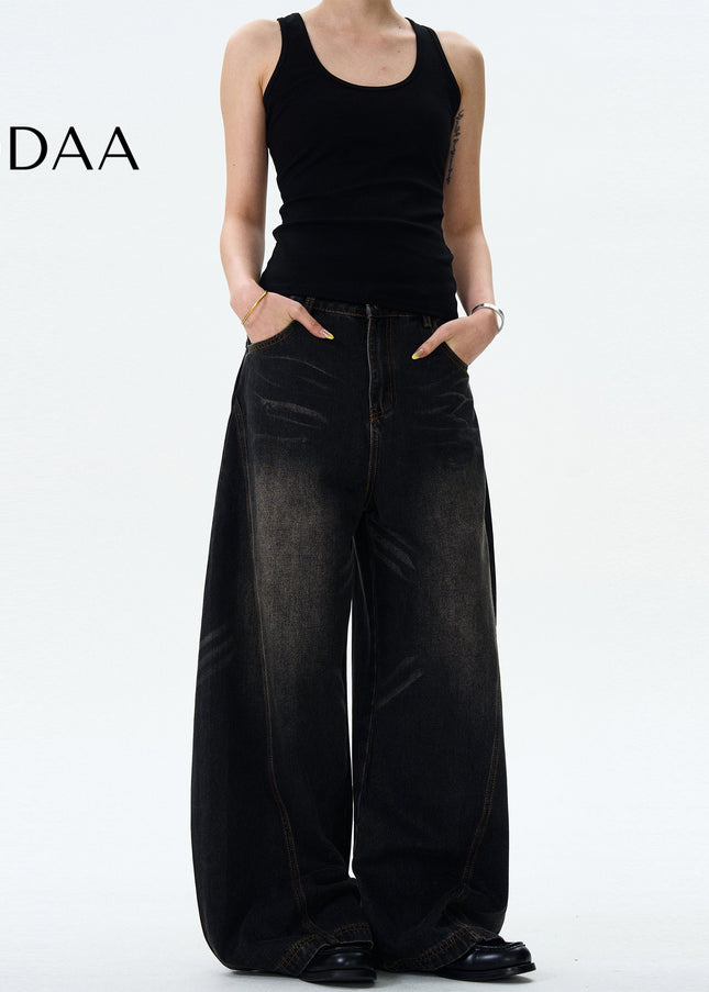 Blue Loose Fit Vintage Whisker Jeans for Men and Women - S / Black - Men’s Jeans