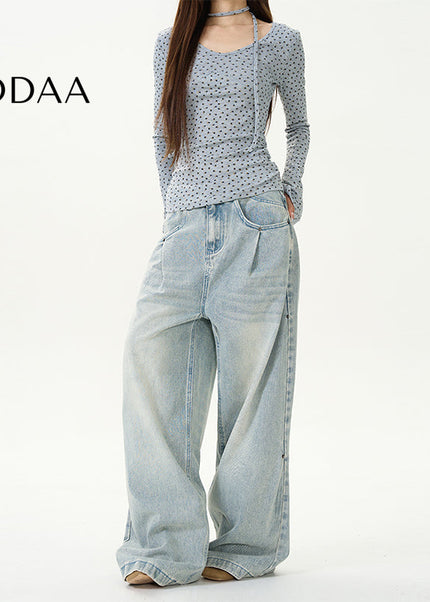 Blue Loose Wide Leg Jeans with Retro Pleats - S / Light Blue - Women’s Jeans