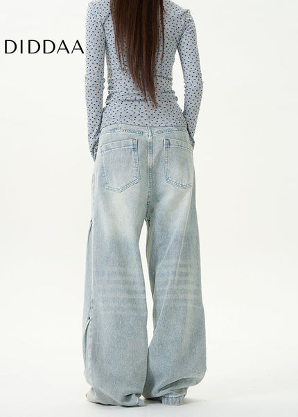 Blue Loose Wide Leg Jeans with Retro Pleats - Women’s Jeans