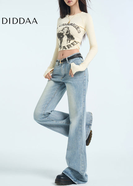 Blue Low-Waisted Versatile Flared Pants Women’s Retro Jeans - Women’s Jeans