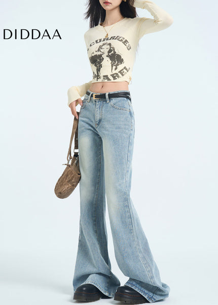 Blue Low-Waisted Versatile Flared Pants Women’s Retro Jeans - Women’s Jeans