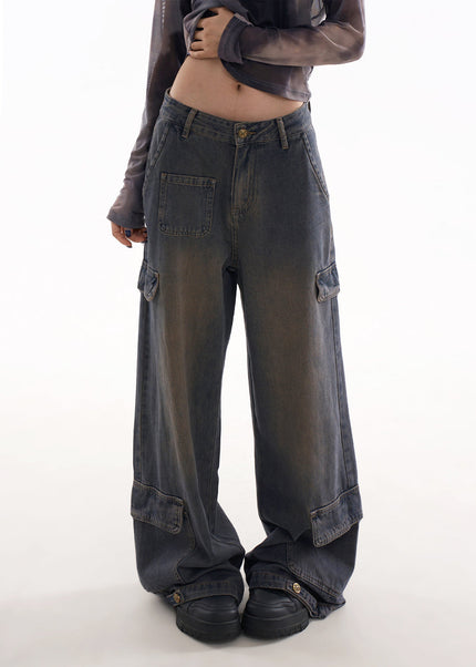 Blue Multi-Pocket Slimming Wide Leg Cargo Pants - Women’s Jeans