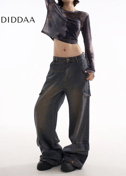 Blue Multi-Pocket Slimming Wide Leg Cargo Pants - Women’s Jeans