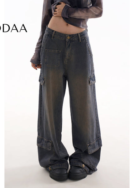 Blue Multi-Pocket Slimming Wide Leg Cargo Pants - Women’s Jeans