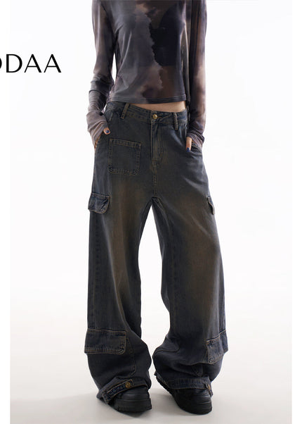 Blue Multi-Pocket Slimming Wide Leg Cargo Pants - XS / Grey - Women’s Jeans