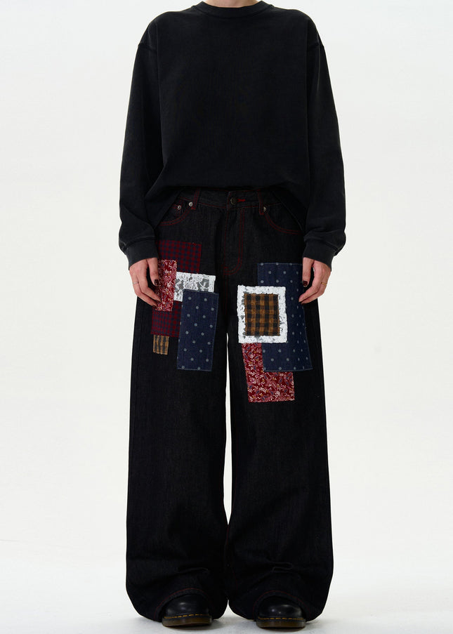 Blue Patchwork Design Casual Wide-Leg Jeans for Men - Men’s Jeans