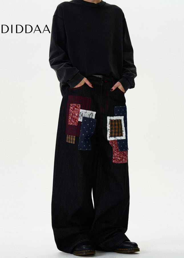 Blue Patchwork Design Casual Wide-Leg Jeans for Men - Men’s Jeans