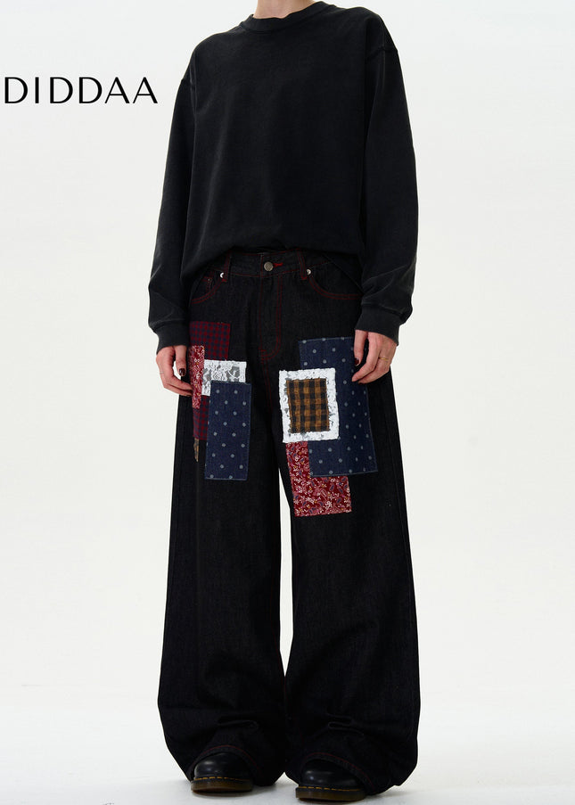 Blue Patchwork Design Casual Wide-Leg Jeans for Men - Men’s Jeans