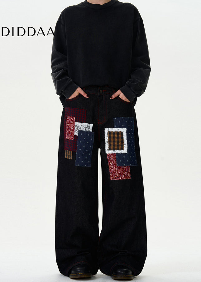 Blue Patchwork Design Casual Wide-Leg Jeans for Men - Men’s Jeans