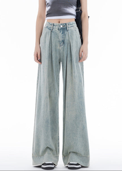 Blue Pleated Loose Fit American Straight-Leg Jeans - Women’s Jeans