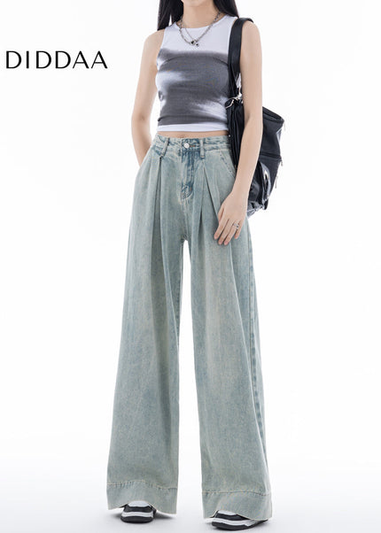 Blue Pleated Loose Fit American Straight-Leg Jeans - Women’s Jeans