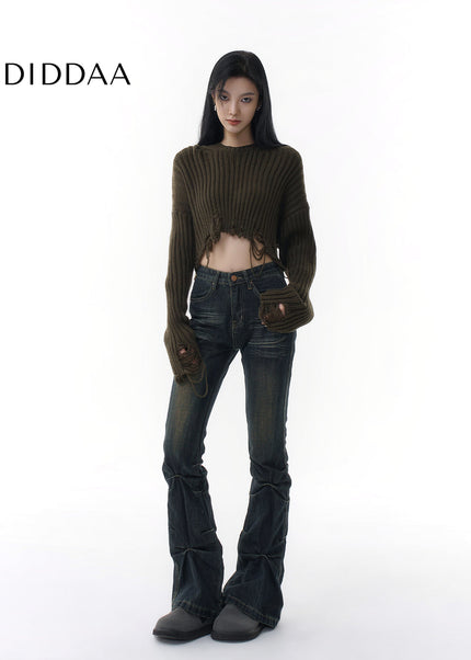 Blue Pleated Micro Flared Jeans Women’s Niche Design - Women’s Jeans