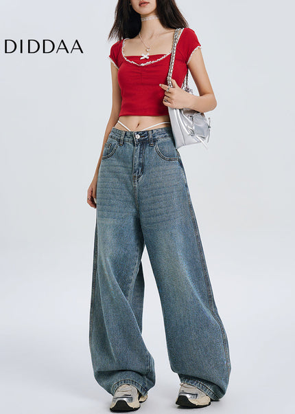 Blue Retro Embroidery Wide-Leg Pants Women’s Slim Jeans - Women’s Jeans