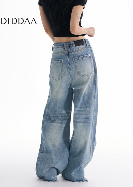 Blue Retro Wash Wide-Leg Low-Rise Loose Jeans - Women’s Jeans