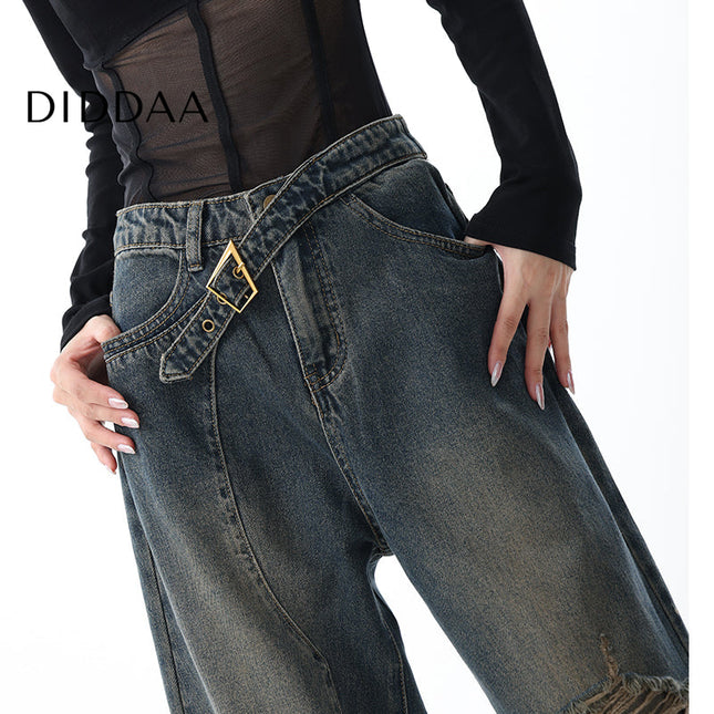 Blue Ripped Loose Wide-Leg Jeans KEN STUDIO Retro Design - S / Dark Blue - Women’s Jeans