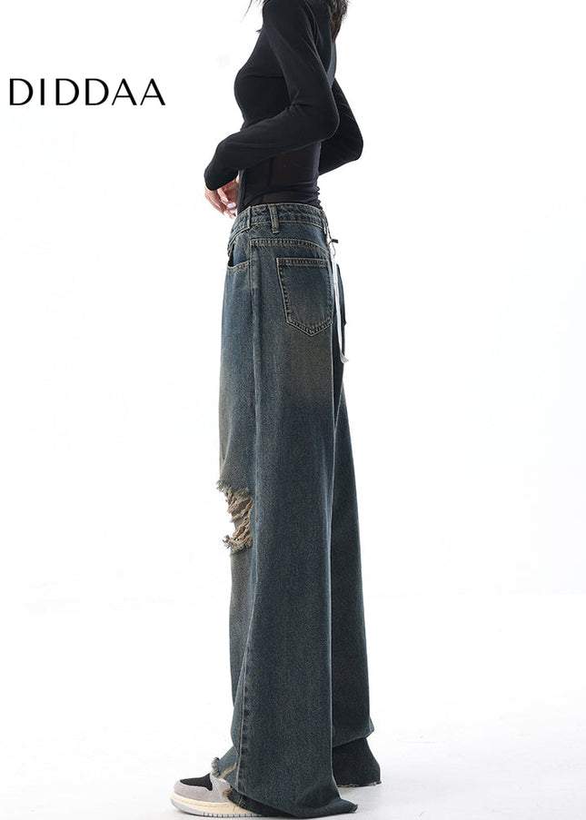 Blue Ripped Loose Wide-Leg Jeans KEN STUDIO Retro Design - Women’s Jeans