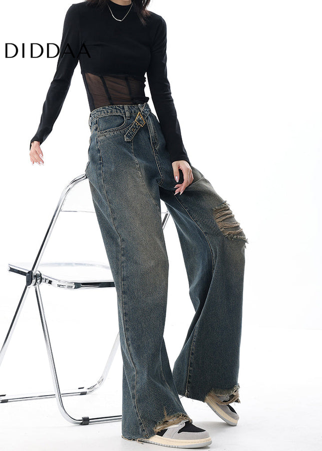 Blue Ripped Loose Wide-Leg Jeans KEN STUDIO Retro Design - Women’s Jeans