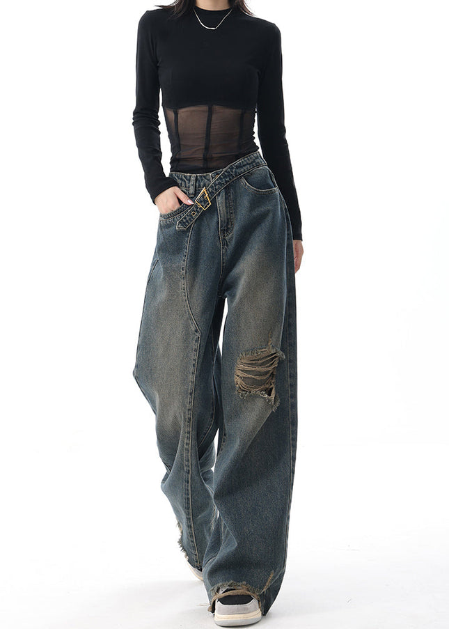 Blue Ripped Loose Wide-Leg Jeans KEN STUDIO Retro Design - Women’s Jeans