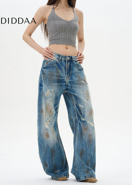 Blue Ripped Whiskers American Retro Loose Jeans - Women’s Jeans