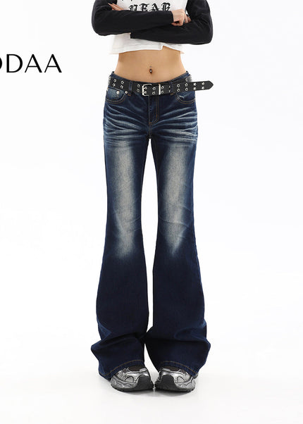 Blue Stretch Slim Horseshoe Low-Waisted Flared Jeans - S / Dark Blue - Women’s Jeans