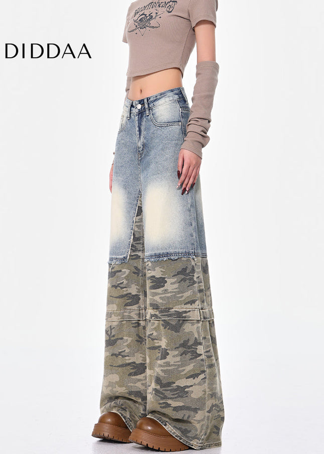 Blue Wash Retro Design Wide-Leg Jeans with Camouflage Panels - Women’s Jeans