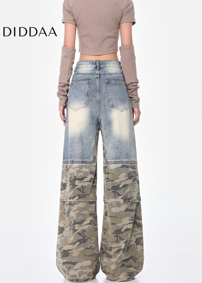 Blue Wash Retro Design Wide-Leg Jeans with Camouflage Panels - Women’s Jeans
