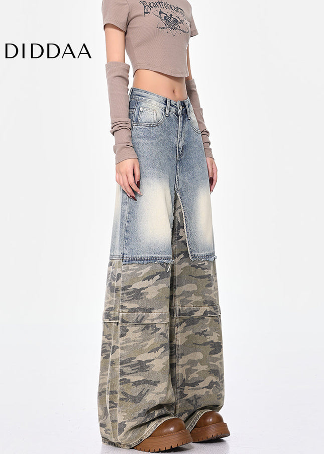 Blue Wash Retro Design Wide-Leg Jeans with Camouflage Panels - Women’s Jeans