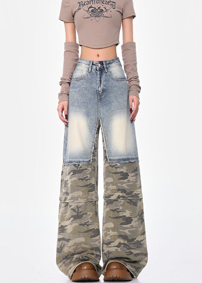 Blue Wash Retro Design Wide-Leg Jeans with Camouflage Panels - Women’s Jeans